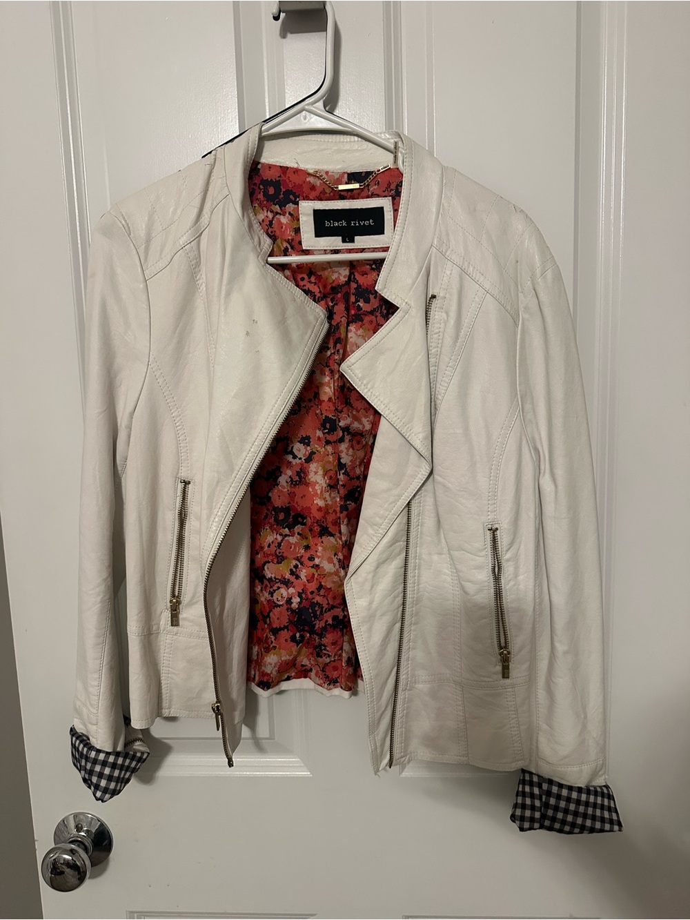 Black Rivet White Faux Leather Moto Jacket with Floral Lining